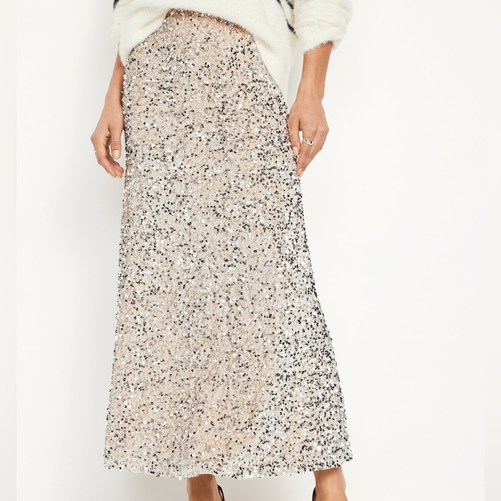 Old Navy Silver Sequin Maxi Skirt Cream Beige Velvet Womens M Medium Maxi Midi